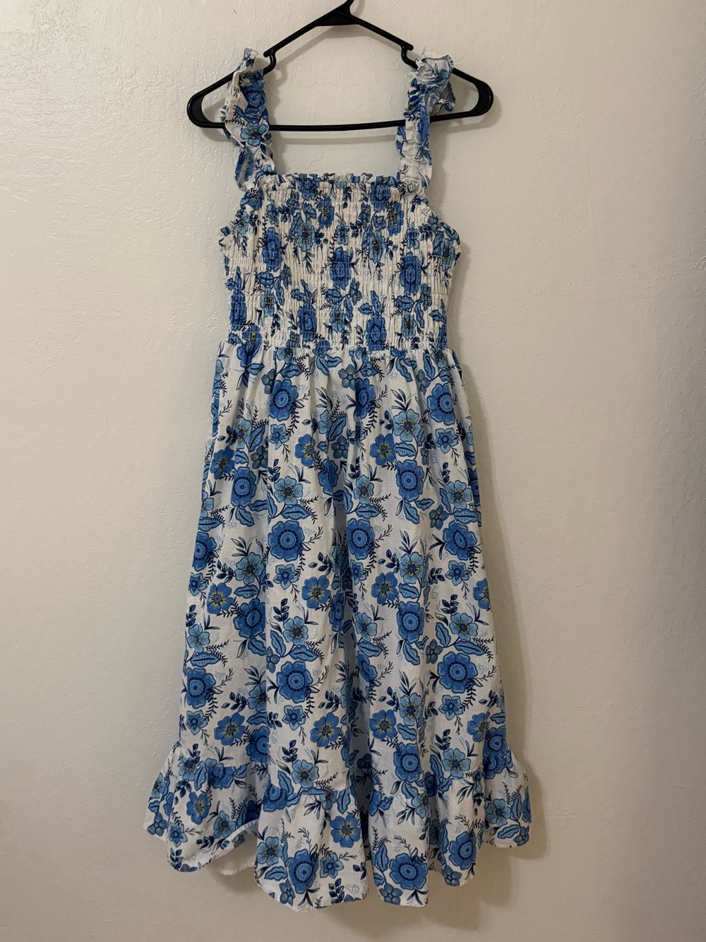 Haute Hippie brand blue and white floral smocked midi dress